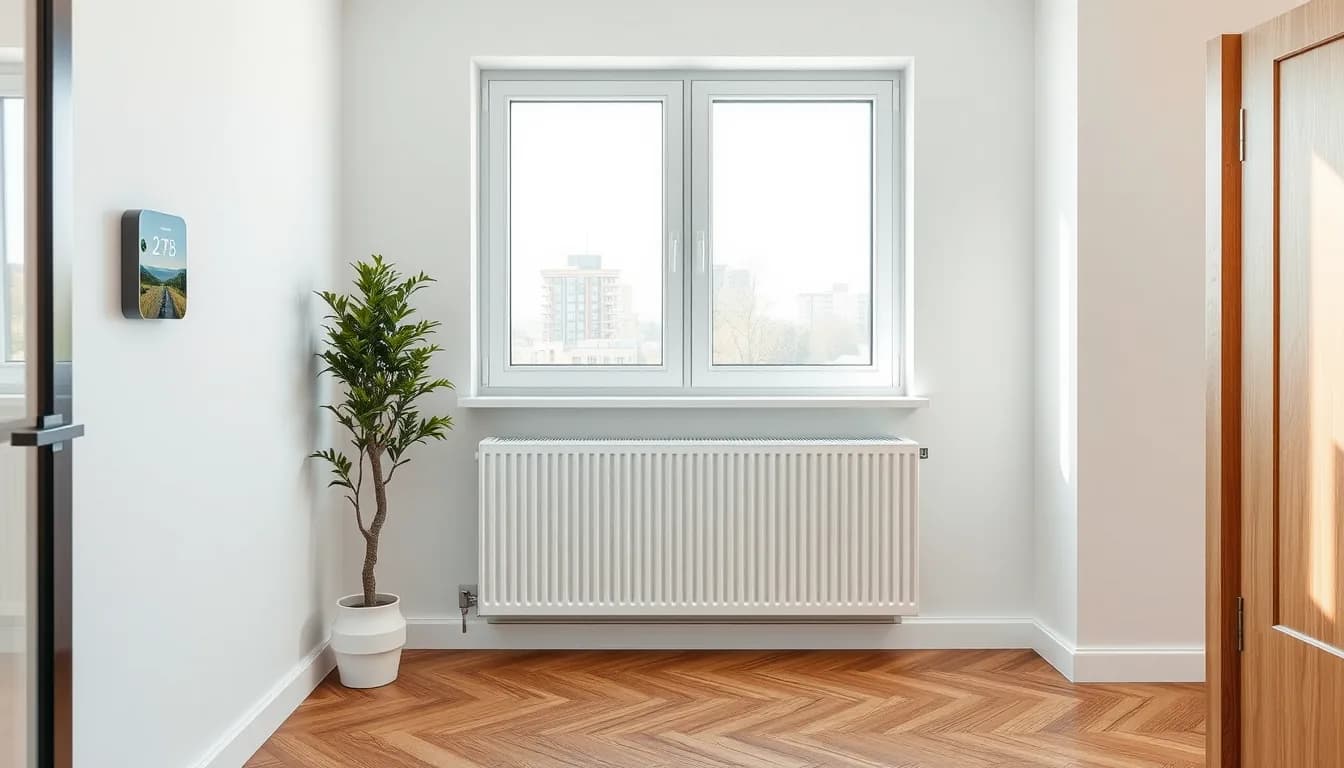Új lapradiátor és okos termosztát felújított lakásban — illusztráció